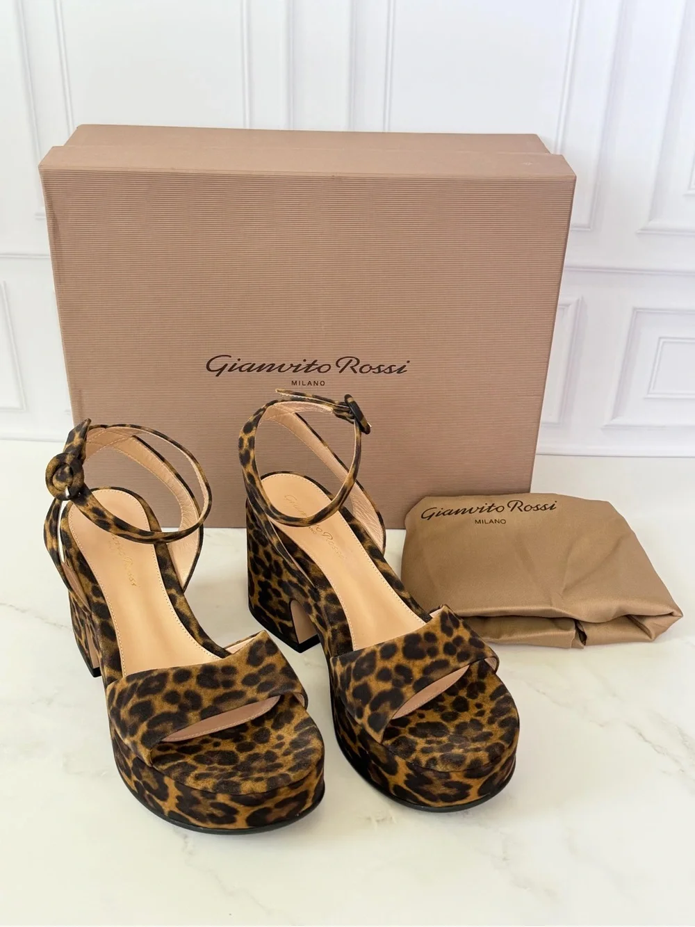 Gianvito Rossi Alma Leopard Print Platform Sandals Ankle Strap Block Heel 36.5